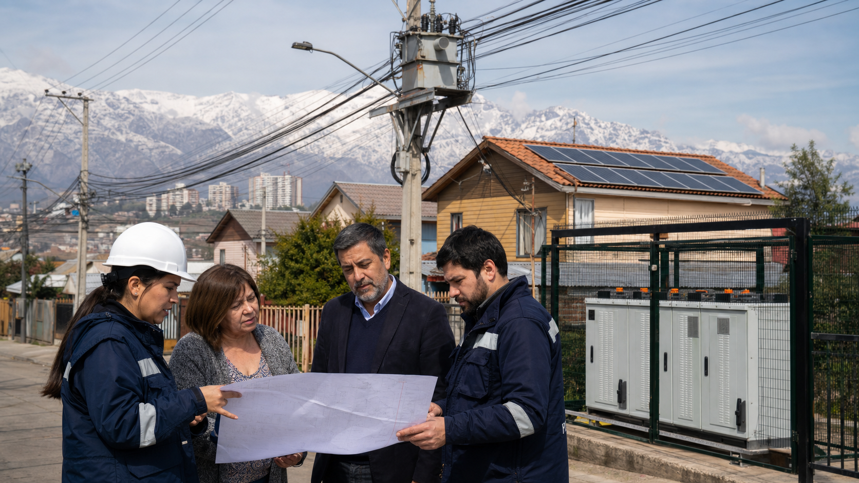 Equipo técnico y representantes de una comunidad revisan una red de distribución eléctrica en Santiago