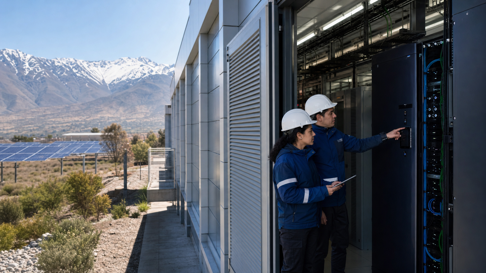Técnicos inspeccionan infraestructura de un centro de datos chileno junto a la cordillera