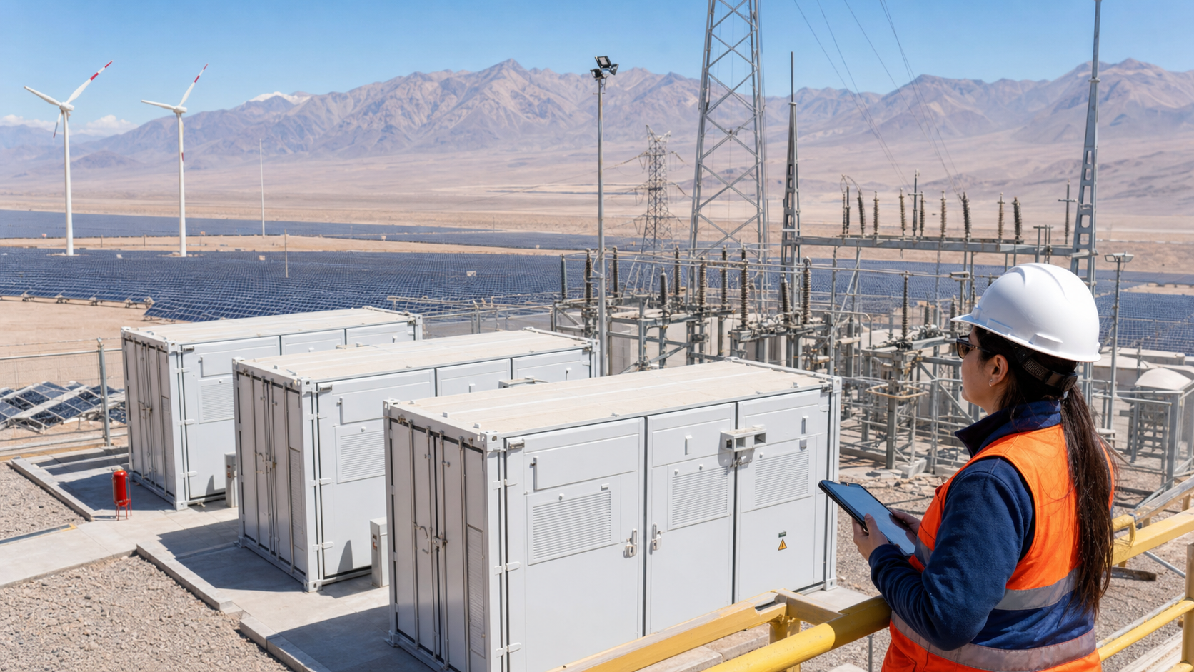 Ingeniera inspecciona almacenamiento conectado a generación solar y eólica en el norte de Chile