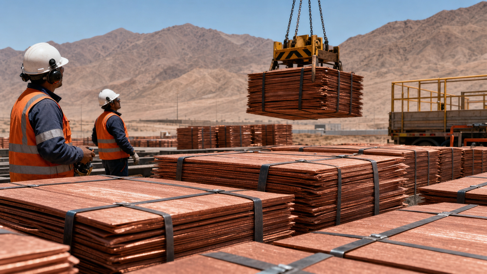 Trabajadores supervisan el despacho de cátodos de cobre en el norte de Chile