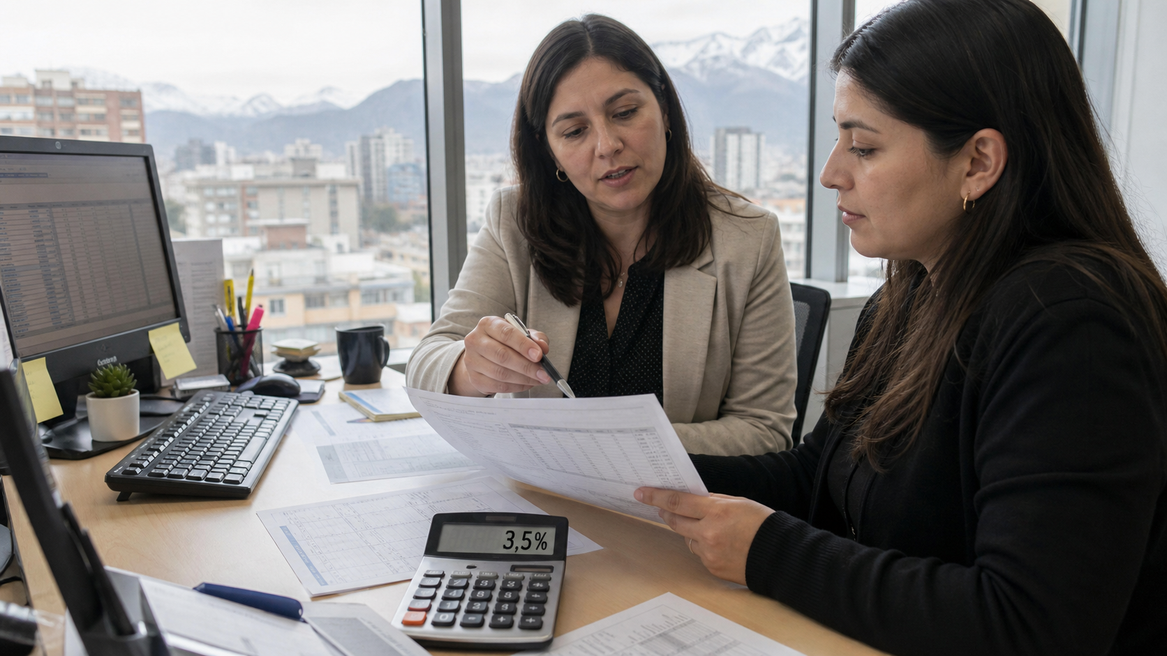 Trabajadora y encargada de remuneraciones revisan el nuevo aporte previsional del empleador