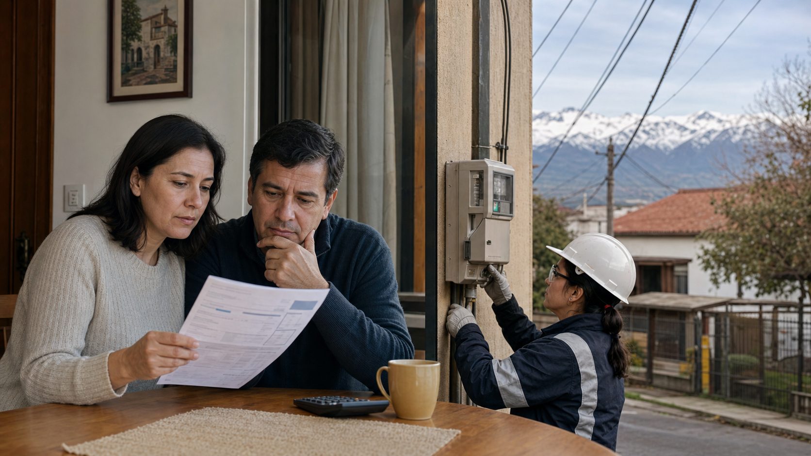 Familia chilena revisa su cuenta de electricidad mientras una técnica inspecciona el medidor