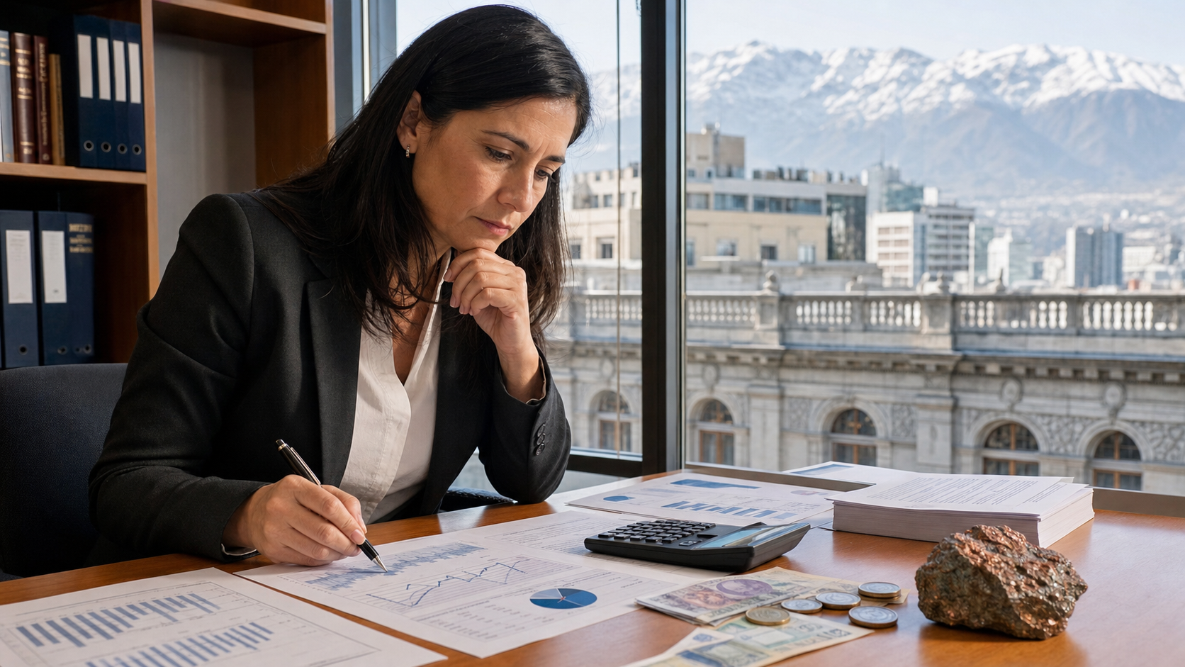 Economista revisa gráficos de deuda y balance fiscal en una oficina de Santiago