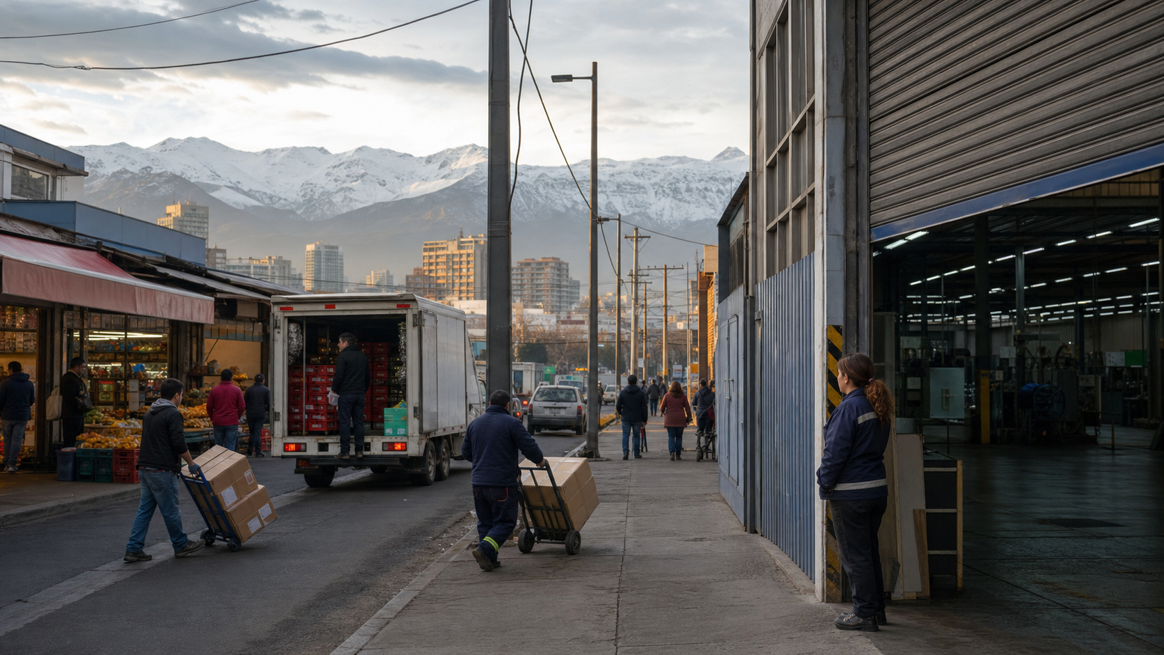 Actividad comercial junto a una planta manufacturera en Santiago con la cordillera al fondo