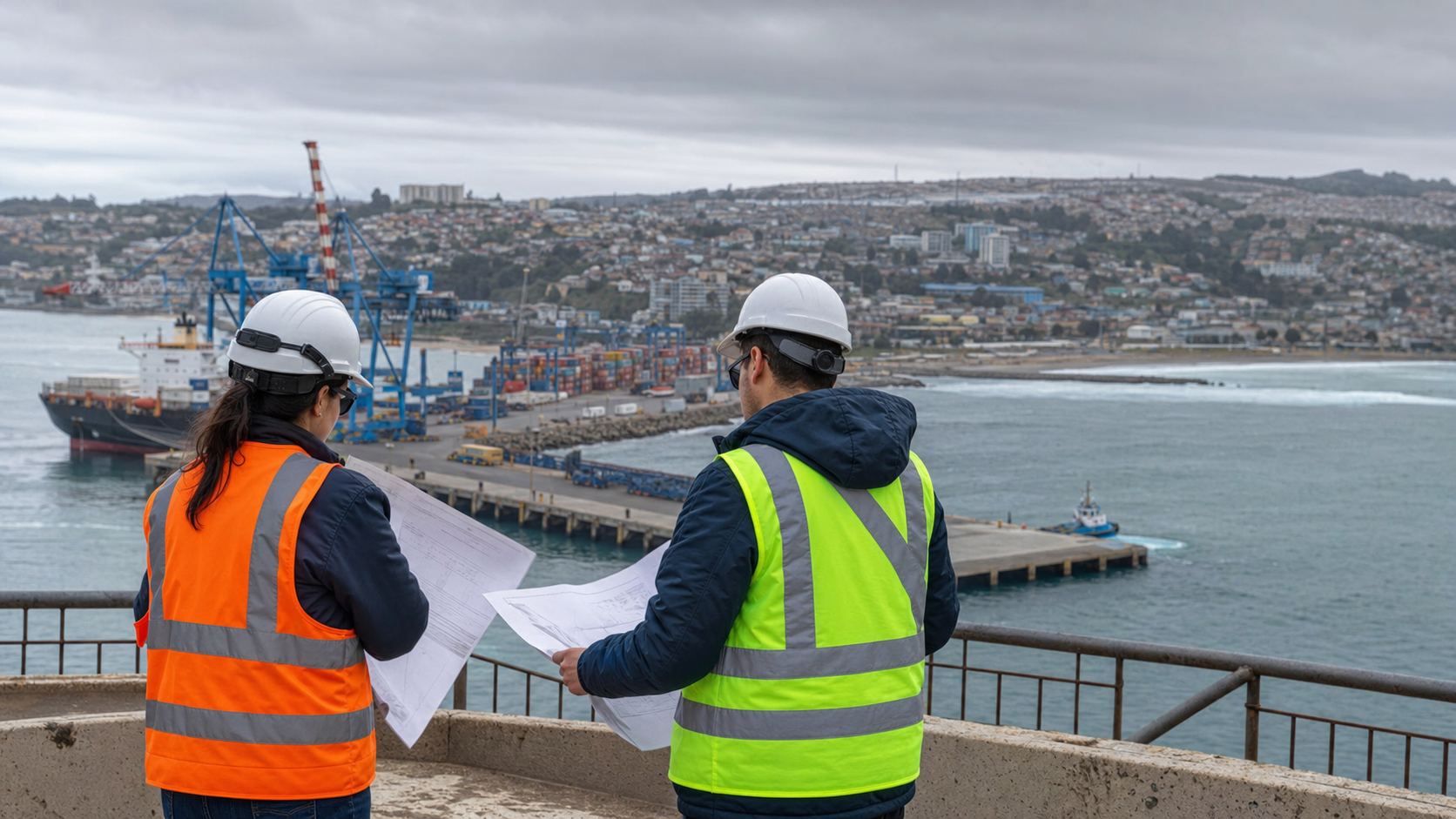 Profesionales portuarios revisan planos frente al puerto de San Antonio