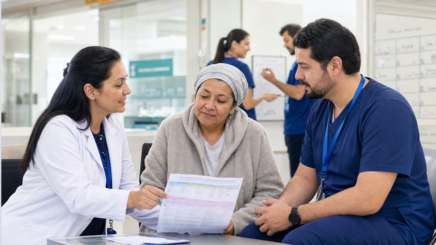 Equipo oncológico conversa con una paciente en un hospital público chileno