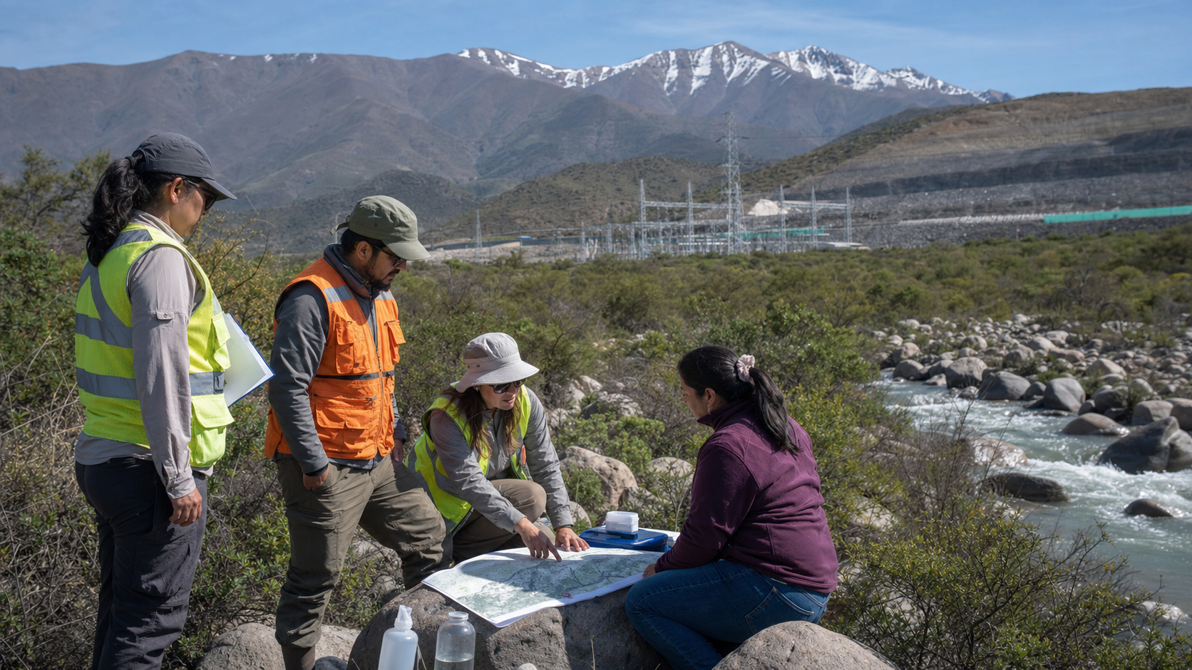 Equipo ambiental y representante comunitaria evalúan un proyecto junto a un cauce chileno